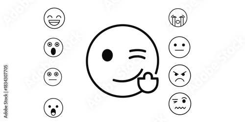 Hand drawn emoji collection with various expressions and emotions in black and white