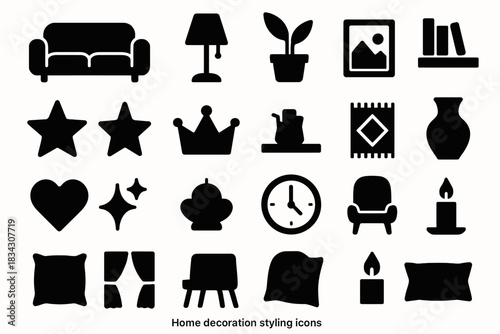 Home decoration icons: furniture, plants, art, and accessories collection
