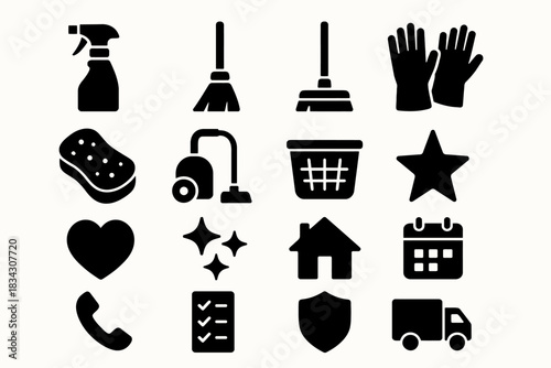 Cleaning tools and household icons including spray bottle, gloves, and vacuum