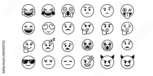 Collection of hand drawn emoji faces expressing various emotions in black and white