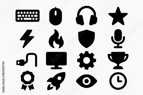 Gaming and technology icons: keyboard, mouse, headphones, and more