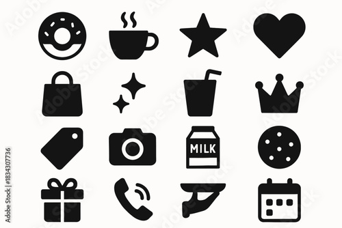 Set of black icons: coffee, heart, camera, shopping bag, and more