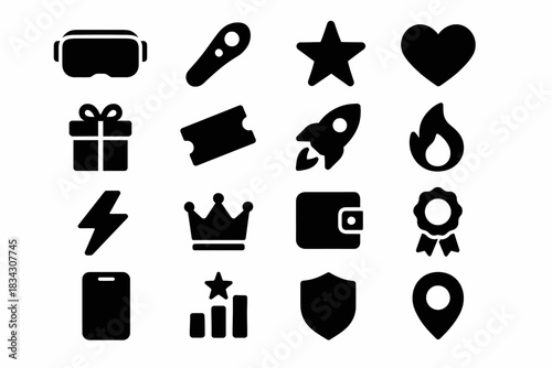 16 black icons: virtual reality, gift, rocket, heart, shield, and more