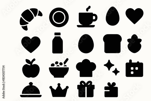 Breakfast icons set: food, coffee, eggs, and pastries in bold silhouettes