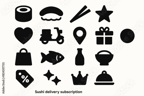 Sushi delivery icons: food, location, gift, and rating symbols