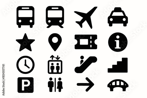 Public transport icons: bus, train, airplane, taxi signs for navigation and travel