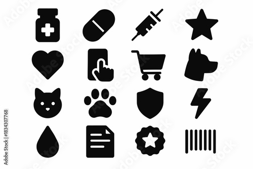 Collection of black icon silhouettes representing various themes