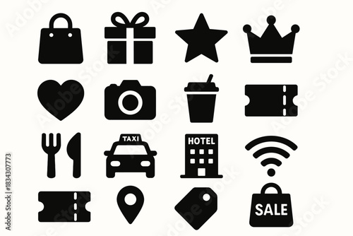Collection of black silhouette icons for shopping and travel