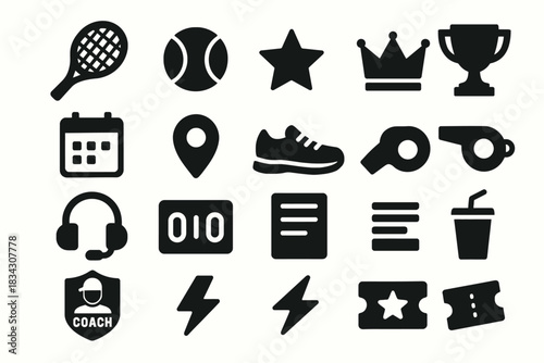 Sports icons set: equipment, symbols, and awards in bold black design
