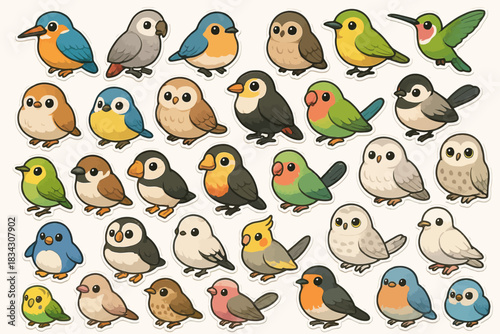 Colorful cartoon birds collection with various species in bright illustrations