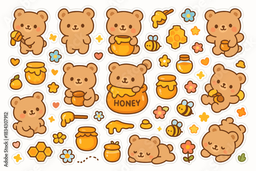 Cute cartoon bears with honey jars and bees in whimsical sticker design