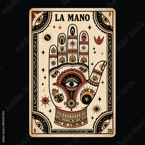 Mystical hand of fortune with celestial symbols and mystical eye, mystical palmistry reading graphic