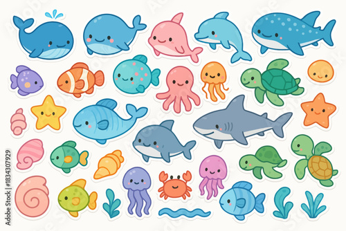 Cute cartoon ocean animals stickers with whales, fish, octopuses, and turtles