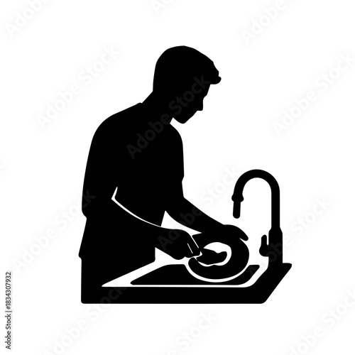 Man washing dishes at kitchen sink silhouette icon