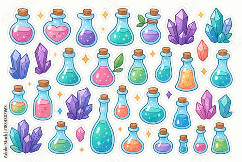Colorful potion bottles and crystals collection with sparkles