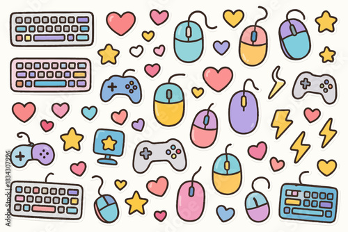 Colorful gamer icons with keyboards, mice, game controllers, and hearts