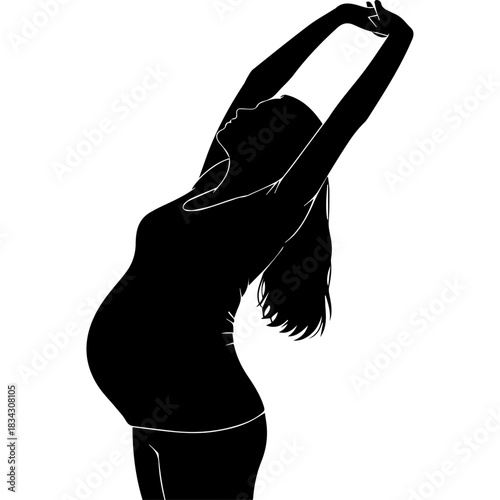 Pregnant woman silhouette stretching arms up, isolated on white background. Vector