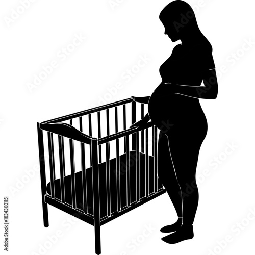 Pregnant woman silhouette preparing a crib for a new baby, conceptual image Vector
