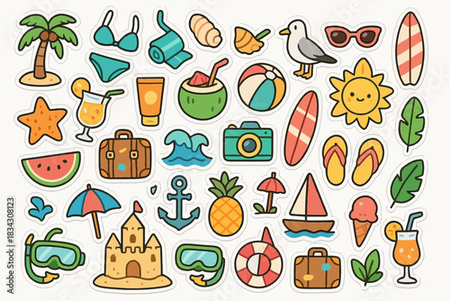 Colorful summer beach icons collection featuring sea, sun, and fun elements
