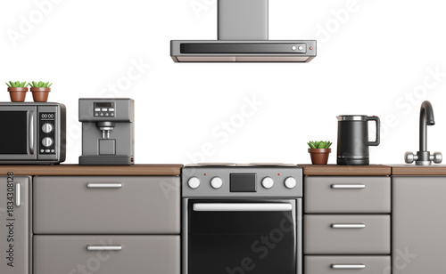 Fototapeta Naklejka Na Ścianę i Meble -  Kitchen counter top with microwave, coffee machine, electric kettle, stove, range hood on beige tile wall. 3d render table with wood countertop, gray cabinets, plants, sink and faucet