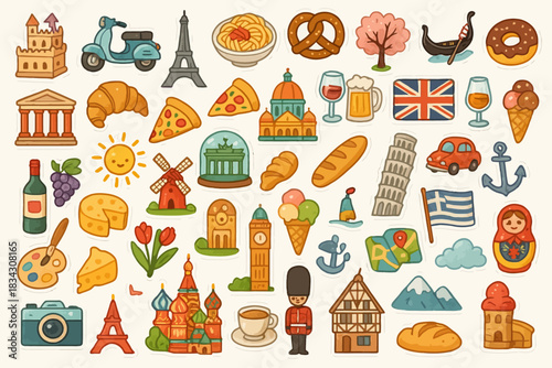 Colorful assorted travel icons featuring global landmarks and foods