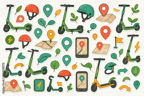 Colorful e-scooter adventure stickers featuring helmets and maps