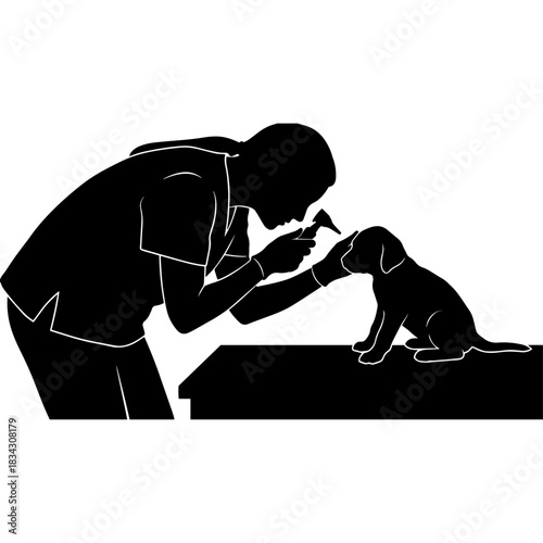 Veterinarian examining a puppy with an otoscope on a table, silhouette style Vector