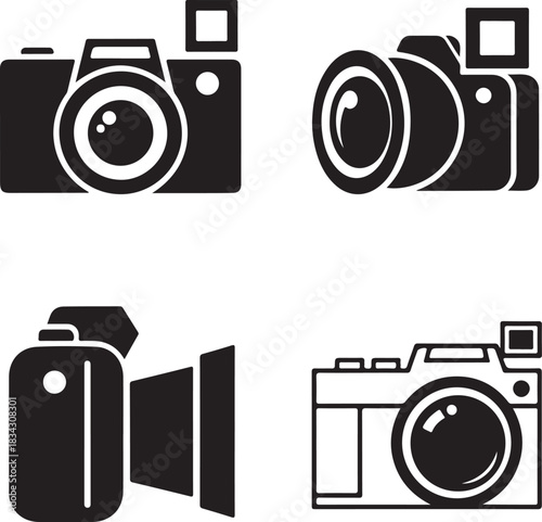 Collection of four stylized silhouette icons representing different types of cameras