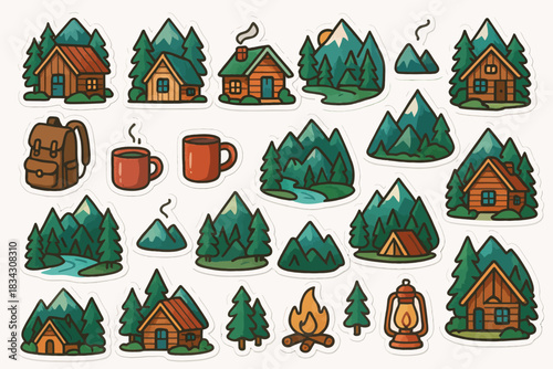 Colorful stickers of cabins, trees, mountains, camping gear, and campfire