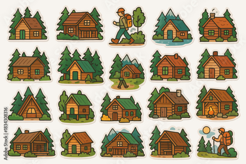 Collection of rustic cabins and hiking scenes with evergreen forests