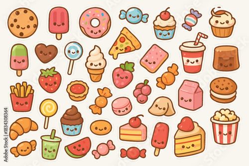 Cute kawaii food stickers with faces: donuts, pizza, sweets, ice cream, drinks