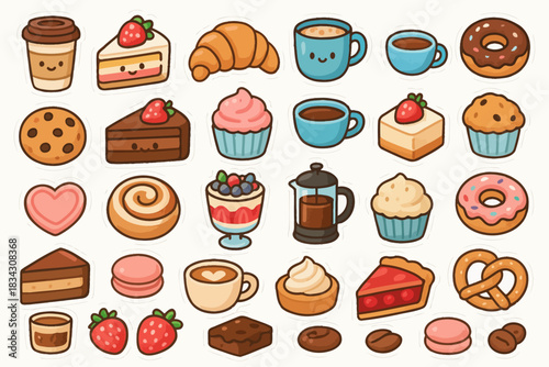 Cute cartoon bakery items: croissant, cupcake, doughnut, coffee, cake, pretzel, pastries, stickers