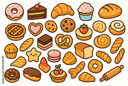 Cute assorted bakery goods icons with pastries, bread, and desserts variety