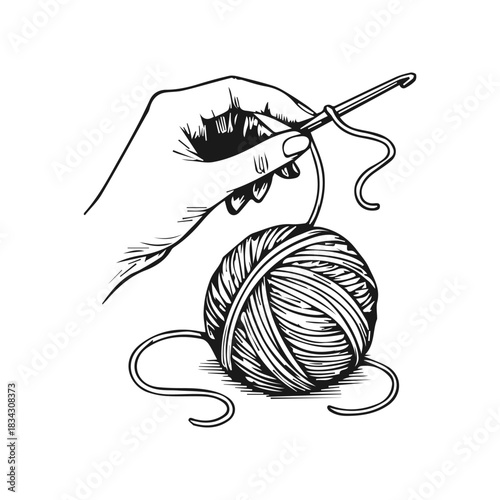 Doodle hand drawn hook knitting hands sketch, engraved knit hobby illustration.
