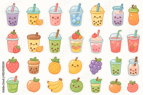 Cute cartoon bubble tea and fruit characters with smiling faces