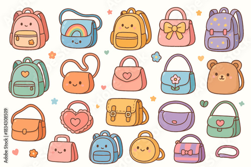 Cute cartoon bags and purses collection with smiley faces and adorable designs