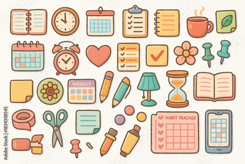 Colorful stationery and planning icons set for organization and productivity