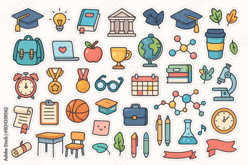 Colorful school supplies icons with education and science themes