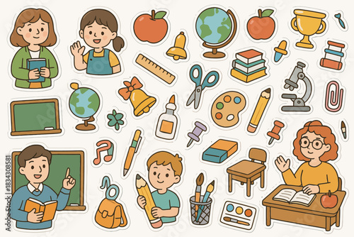 Colorful school theme illustration with diverse children and educational supplies