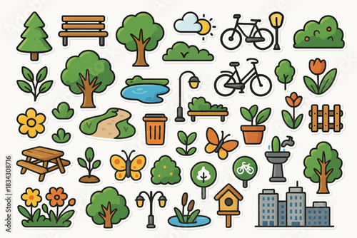 Colorful nature park design with trees, bicycles, and flowers on white background