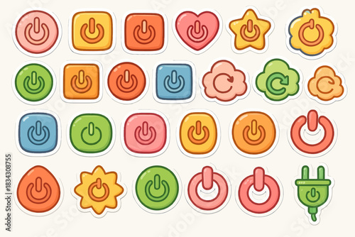 Colorful power button icon set with various shapes and designs