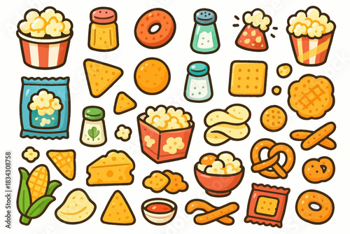 Colorful assortment of popcorn and snack icons on light background