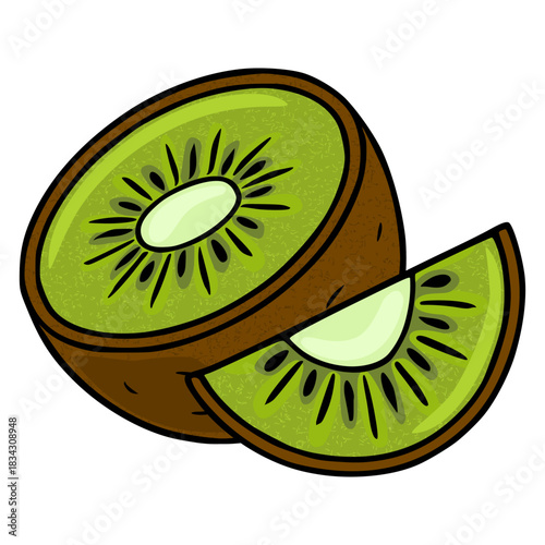 A vibrant vector illustration of a halved kiwi fruit and a slice, showcasing its juicy green flesh with black seeds and textured brown skin.