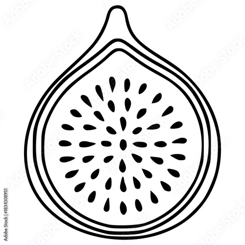 Minimalist vector illustration of a halved fig with visible seeds and layered outer peel, presented in a simple black and white line art style.
