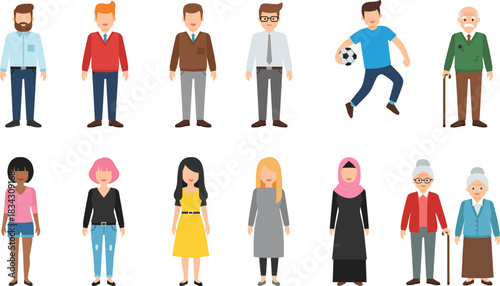 People Characters Vector Set Illustration Showing Men Women Kids and Elderly in Different Ages Styles and Poses Flat Design Concept