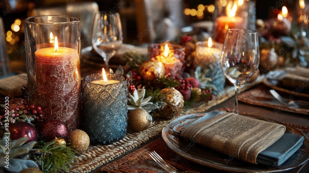 Naklejka premium Festive table setting with lit candles ornaments and glassware holiday