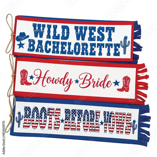 Whimsical Western-inspired fabric banners, cheerful decorative accents for a vibrant bachelorette party, showcasing playful country motifs and distinctive typography