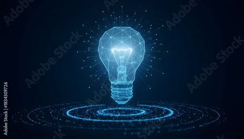 A glowing, futuristic, digital light bulb symbolizing innovation and new ideas.