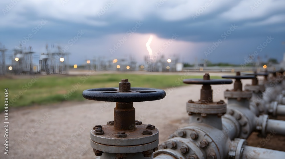 Fototapeta premium Industrial pipeline valves under a stormy sky with distant lightning