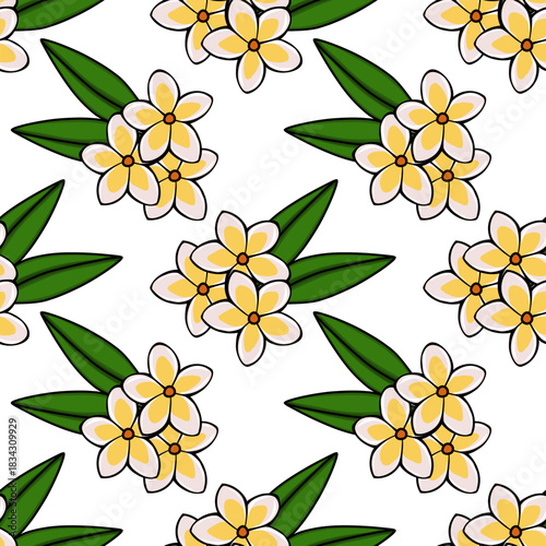 Seamless vector pattern featuring delicate plumeria flowers with vibrant green leaves on a clean white background, evoking a tropical and serene aesthetic.
